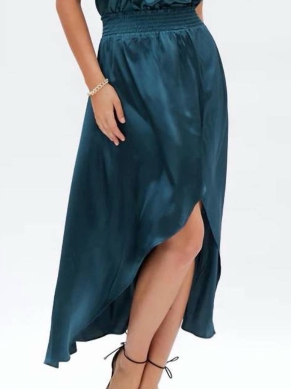 Anthropologie bishop + young Teal Satin Hi-Low Skirt with Elastic Waist